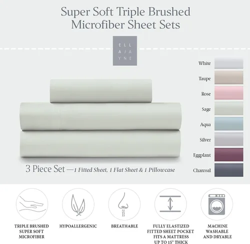 Vista 2 de Ella Jayne Super Soft Triple Brushed Cozy Touch - Juego de sábanas de 3 piezas, tamaño individual, salvia