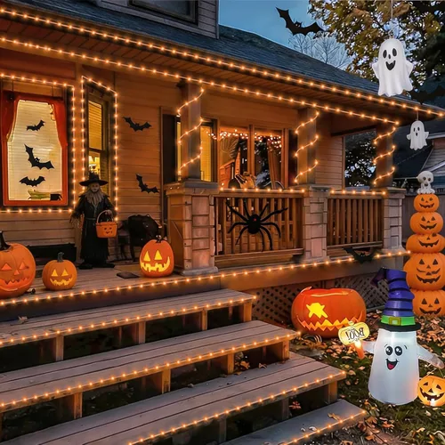 Vista 6 de YEGUO Luces naranjas para Halloween, paquete de 2 cuerdas de 100 luces LED de 33 pies cada uno, 8 modos de luces de hadas en tubo transparente