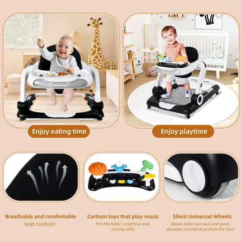 Vista 5 de Andador de bebé 5 en 1 con ruedas, andadores de bebé para niños y niñas de 6 a 18 meses, andador plegable ajustable con saltador, bandeja de Negro