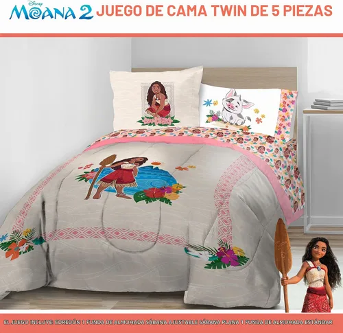 Vista 2 de Disney Moana - Juego de edredón individual de 5 piezas para niñas, color beige Bed in a Bag, Comforter Sheets Sham Pillowcase, Official