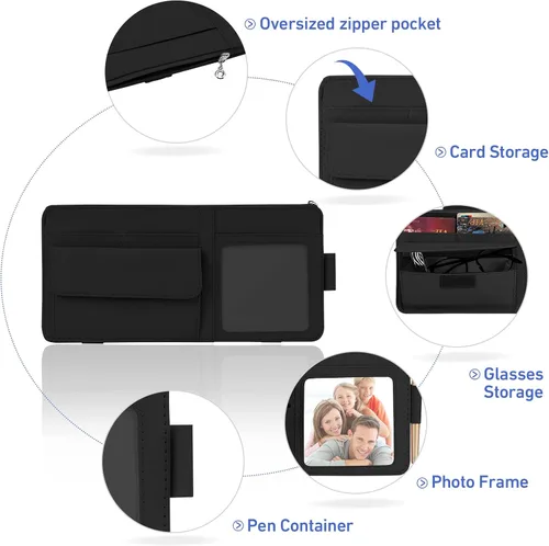 Vista 7 de Organizador de visera para automóvil, bolsa de almacenamiento organizadora de visera con marco de fotos y soporte para lentes de sol, práctico