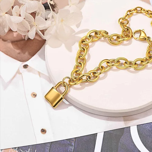 Vista 8 de FOCALOOK Pulseras de cadena de eslabones para mujer, pulseras personalizables, chapadas en oro de 18 quilates, pulsera con dije de bloqueo de cadena