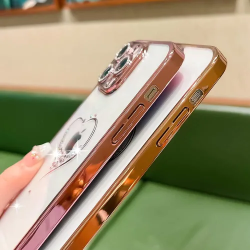 Vista 3 de Bling Glitter Heart compatible con iPhone 13 Pro de 6.1 pulgadas, bonito protector de cámara completo brillante para mujer, funda de teléfono Oro