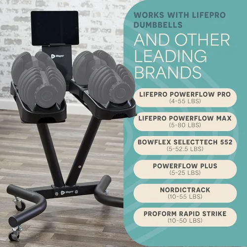 Vista 3 de Lifepro PowerFlow Pro Stand — Adjustable Dumbbell Stand & Rack with Locking Wheels Phone/Tablet Holder — Compatible with PowerFlow Plus, PowerUp