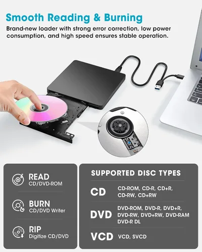 Vista 4 de ROOFULL Unidad externa de CD/DVD USB 3.0 y USB-C, ultrafina de 0.5 pulgadas, reproductor de CD y DVD de alta velocidad, grabador para computadora