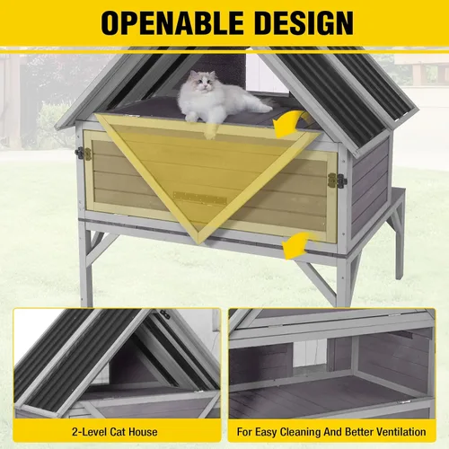 Vista 4 de Casa climatizada para gatos de 2 pisos, casa para gatos al aire libre, resistente a la intemperie, refugio para gatos con almohadilla térmica, forro