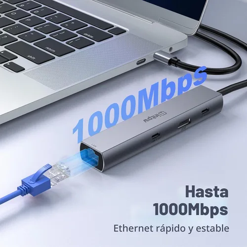 Vista 4 de Concentrador USB C, intpw 6 en 1, adaptador multipuerto USB C con HDMI 4K @60Hz, Gigabit Ethernet, 100W PD, transferencia de datos USB 3.0 de 5