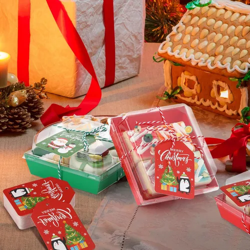 Vista 7 de Yaomiao 50 piezas de cajas de charcutería de Navidad con cuerdas y tarjetas, caja de comida de Navidad con tapas transparentes, contenedores