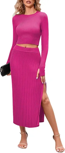 Vista 4 de Duigluw Conjunto de 2 piezas para mujer, camiseta corta de manga larga para invierno, falda plisada, suéter de punto