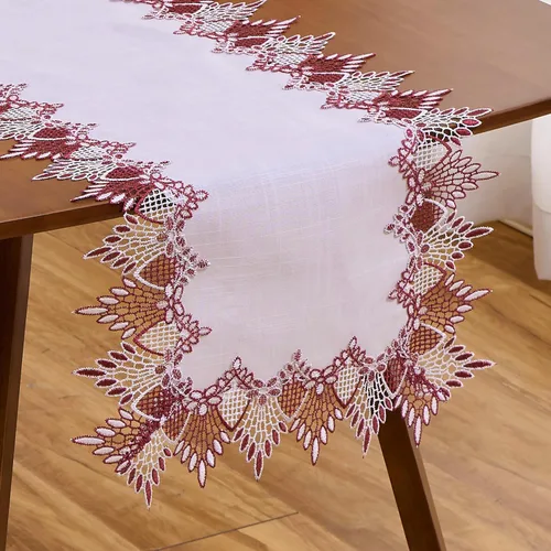 Vista 14 de Camino de mesa de lino de encaje rojo oscuro blanco de 36 pulgadas de largo, bufanda de aparador claret, decoración de mesa para Navidad, cocina