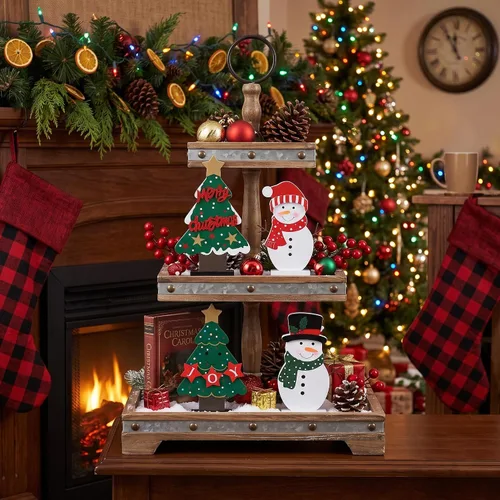 Vista 4 de DECSPAS Decoraciones navideñas para interiores, 4 piezas de árboles de Navidad de madera y muñecos de nieve para centros de mesa, bandeja escalonada