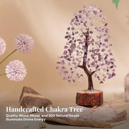 Vista 2 de Árbol de la vida de cristal amatista de 10-12 pulgadas con 2 colgantes de chakra – Bonsái de cristal sanador, árbol del dinero para energía