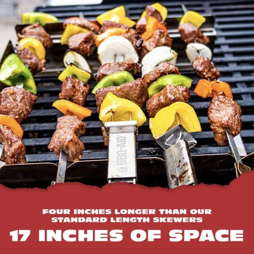 Vista 2 de BBQ-AID Brochetas extra largas de 17 pulgadas – Brochetas de metal para barbacoa de liberación rápida para Kabobs – Doble punta, acero inoxidable