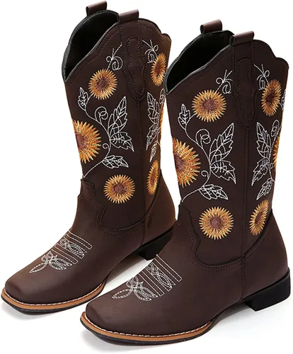 Vista 2 de Botas vaqueras bordadas con girasol para mujer, botas vaqueras con punta cuadrada, botas altas de vaquera para todas las estaciones y ocasiones