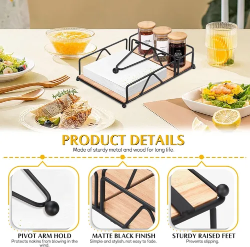 Vista 3 de Servilleteros para servilletas de papel, servilletero plano con base de madera, cesta de servilletas de acero inoxidable negro para cocina, fiesta