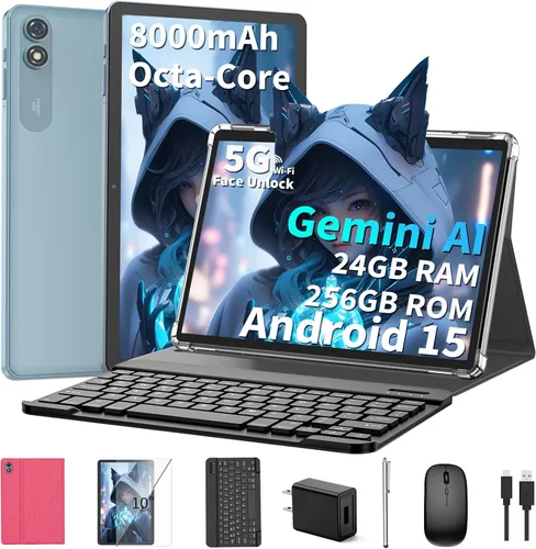 Vista 10 de Tablet Android 15 de 10 pulgadas, tableta 2026 con teclado, 24GB+256GB+2TB Expandir Gemini AI Tablet PC with Octa-Core, 8000mAh, 5G WiFi