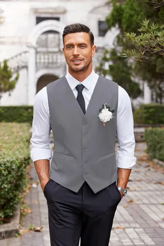 Vista 6 de COOFANDY Chaleco de traje de negocios para hombre, chaleco de vestir casual, chaleco formal ajustado