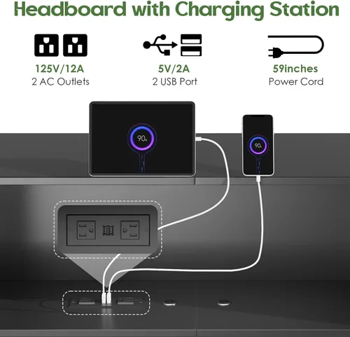 Vista 6 de Cabecero tamaño King solo con almacenamiento, estantería con 2 luces
