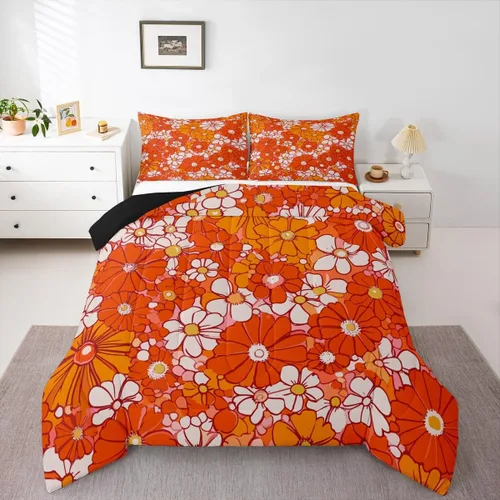 Vista 13 de Juego de ropa de cama con estampado floral bohemio, tamaño individual, diseño retro de flores groovy, 60S y 70S, juego de edredón de flores hippie