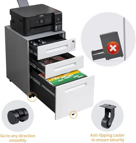 Vista 6 de Archivador de 3 cajones con bloqueo, archivador de metal debajo del escritorio para archivo legal/carta/A4, totalmente montado, incluye ruedas