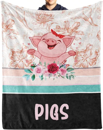 Vista 17 de Manta de cerdo para regalo, manta de franela polar de 30 x 40 pulgadas, suave para niñas, niños y adultos, ligera, cómoda, cálida manta con temática