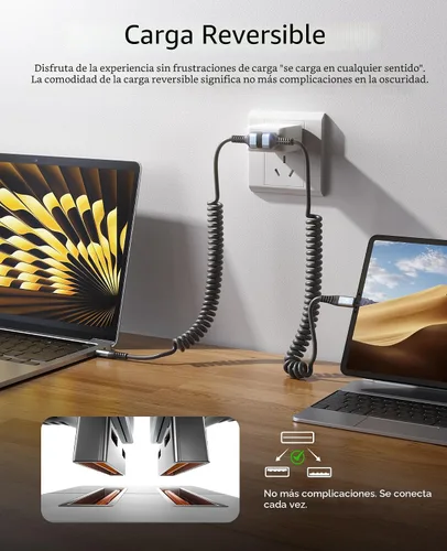 Vista 5 de Cable USB A a USB C de 90 grados, paquete de 2 cables USB tipo C en espiral de 3 pies para automóvil, cable de carga rápida USB-C compatible