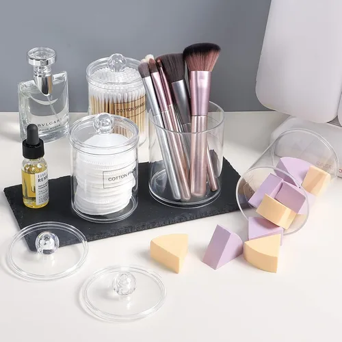 Vista 8 de ME.FAN Qtip - Dispensador de 4 tarros de plástico transparente de 10 onzas y 12 onzas para boticario – Organizador de maquillaje para baño o baño
