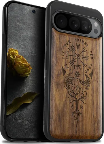 Vista 11 de Carveit Funda de madera para Pixel 9 Pro [madera natural y TPU suave negro] a prueba de golpes, funda de madera única compatible con Google Pixel 9