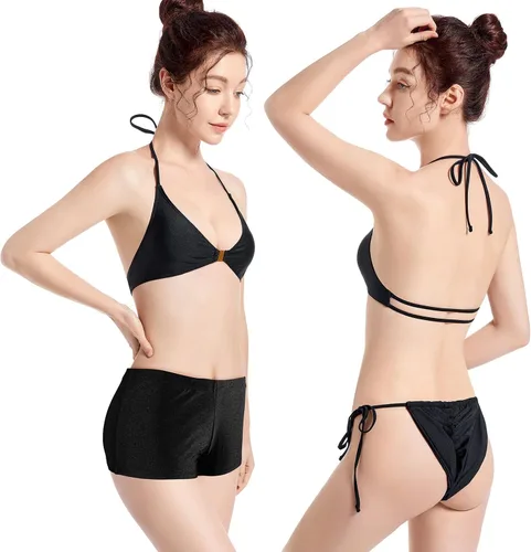 Vista 4 de OWICA Bikini negro, bikini triangular conjunto de lazos con hebilla frontal, tanga bikini traje de baño de mujer lazos laterales