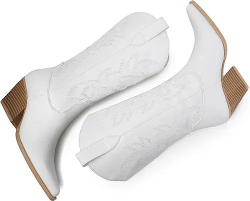 Vista 8 de Mostrin Botas vaqueras para mujer, punta puntiaguda, botas vaqueras a media pantorrilla, tacón grueso, botas occidentales