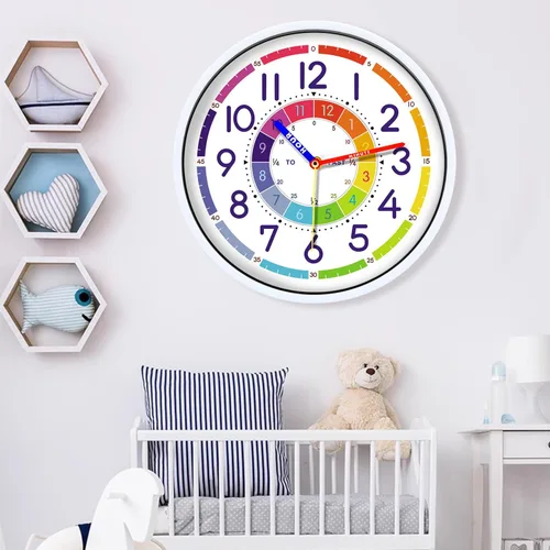 Vista 6 de Reloj de pared para niños, reloj de pared silencioso de 12 pulgadas para niños, reloj de pared decorativo de cuarzo silencioso sin tictac para aulas