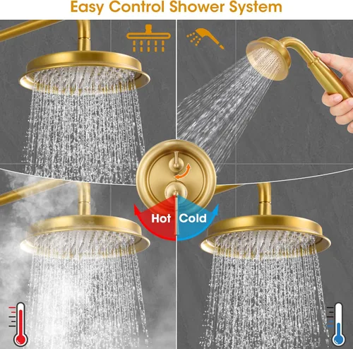 Vista 5 de Cabezal de ducha de lluvia con combo de mano, sistema de ducha dorado cepillado con válvula de presión de equilibrio, cabezal de ducha de 9 pulgadas