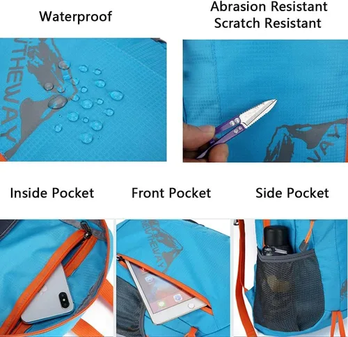 Vista 5 de Mochila plegable de senderismo para viajes, mochila ligera para camping, bolsa de hombro para vacaciones, bolsa casual, Azulclaro, Mochila de viaje