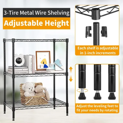 Vista 4 de Estantería de alambre ajustable de 3 niveles, estantes de metal con patas niveladoras, estante de almacenamiento para armario, cocina, baño, estante