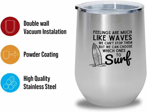 Vista 2 de Surfing Silver Edition Wine Tumbler 12oz - Feelings like waves - Surfing Enthusiast Gifts Water Sport Surfboard Athletics Hobby Beach Sea Windsurf