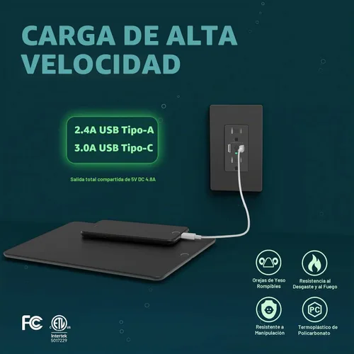 Vista 2 de TOPELER Toma de pared USB, receptáculo de cargador USB de 4.8 A con puertos tipo A y tipo C, enchufe dúplex de 15 amperios resistente a