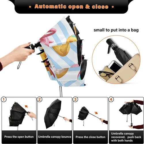 Vista 5 de ALAZA Folding Umbrella Flamingo Swan Circlen Bule Stripes Compact Travel Umbrella Automatic Open Close, Inverted Umbrellas for Rain Windproof UV