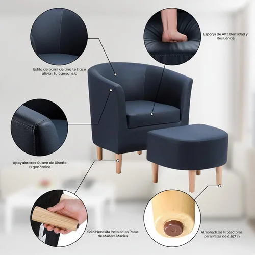 Vista 5 de DAZONE - Silla decorativa de piel con sillón otomano de imitación de barril azul marino