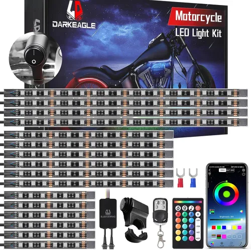 Vista 13 de 8 kits de luces LED RGB segmentadas para motocicleta con control remoto APP/RF, luces subterráneas multicolor con señal de giro de freno, tira