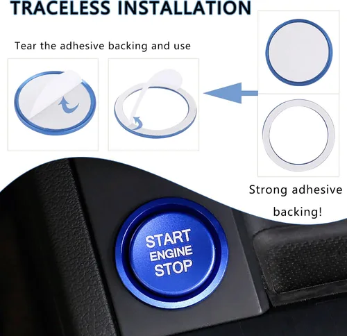 Vista 4 de Cubierta de botón de arranque para automóvil compatible con Audi, cubierta de aluminio para botón de arranque del motor con anillo de metal para Azul