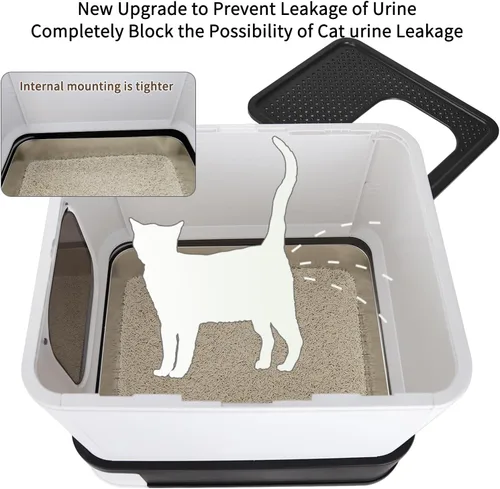 Vista 4 de RIZZARI Caja de acero inoxidable para gatos: bandeja de arena cerrada de gran capacidad negra con paredes altas, revestimiento de teflón
