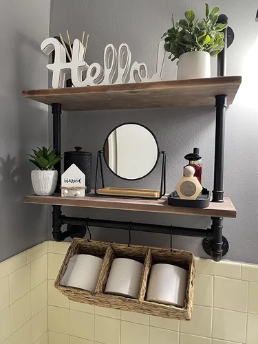 Vista 15 de ROGMARS - Estantería industrial de tuberías para baño, estantes flotantes negros de 24 pulgadas para baño con toallero y ganchos, estantes montados