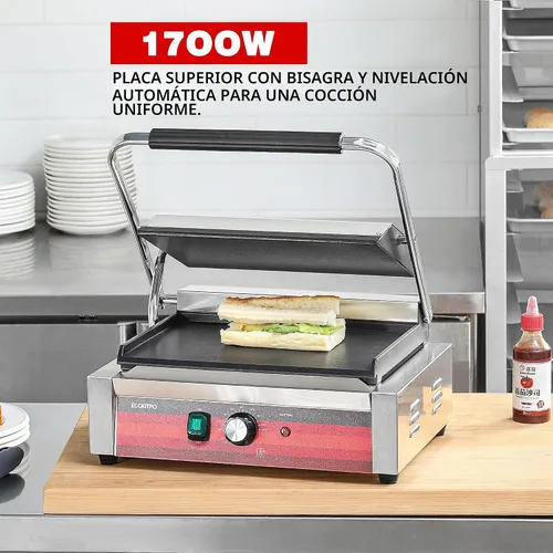 Vista 3 de EGGKITPO Parrilla Panini eléctrica comercial con placas planas, sandwichera de acero inoxidable, 14 x 9.5 pulgadas, placa esmaltada de hierro
