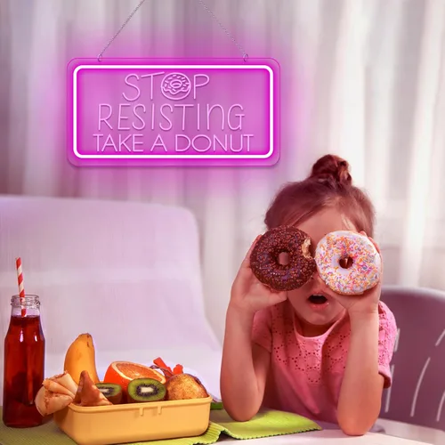 Vista 6 de Señales de neón con forma de dona, "Stop Resisting Take A Donut", luz LED regulable para tienda de donas, negocios, cafetería, panadería, postres