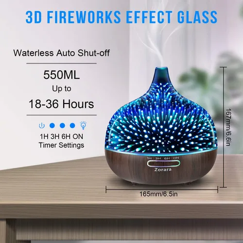 Vista 2 de Difusor de aceite esencial de 18.6 fl oz, humidificador de niebla fría de vidrio 3D, humidificador ultrasónico de aromaterapia con 7 luces LED que