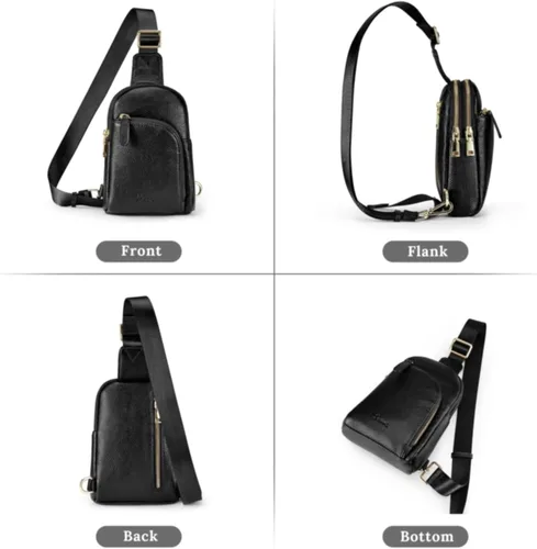 Vista 9 de S-ZONE Bolso bandolera para mujer, cangureras de cuero genuino con bloqueo RFID, bolsas cruzadas en el pecho, regalos para mujeres y hombres, Negro