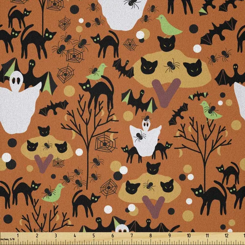 Vista 64 de Ambesonne The Yard, tela de calavera colorida con temática de Halloween, diseño de calavera y huesos cruzados, divertido estampado de dibujos