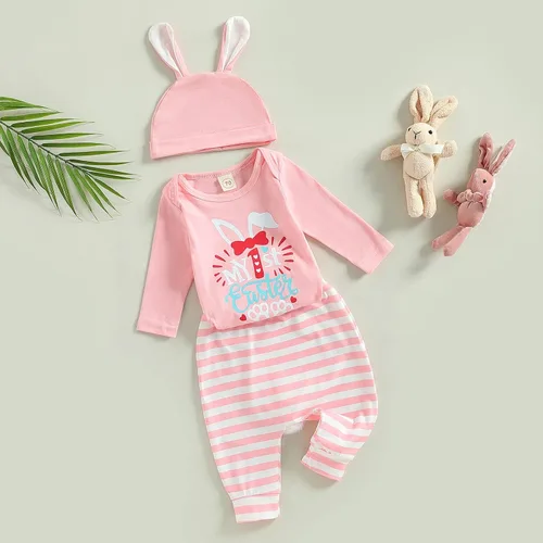 Vista 2 de Conjunto de ropa para bebé recién nacido con diseño de conejito de manga larga y pantalones a rayas