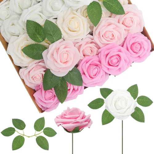 Vista 17 de 25 rosas realistas negras, flores artificiales de espuma de látex con tallos flexibles y 8 hojas para decoración de bodas, hogar y fiestas Negro