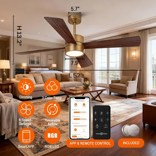 Vista 5 de Ventiladores de techo dorados de 52 pulgadas con luces y control remoto Latón - 52 pulgadas